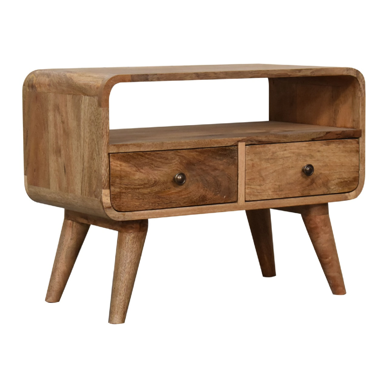 Compact Solid Mango Wood TV Unit – Brown Finish, Dual Drawers and Open Slot