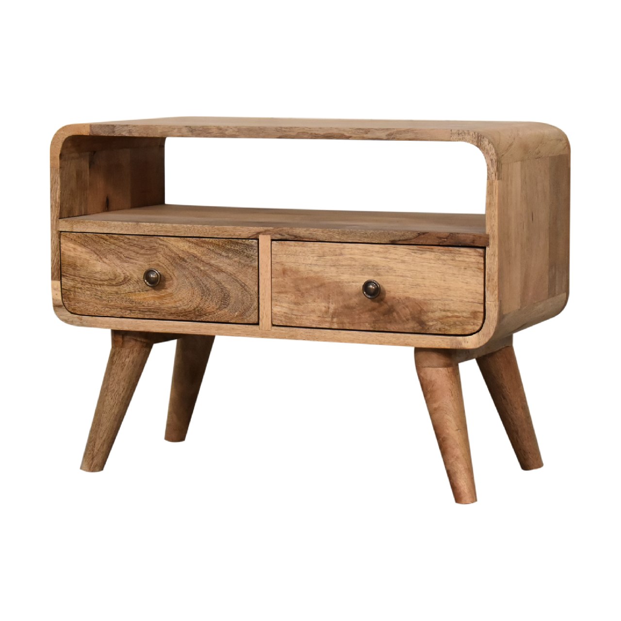 Compact Solid Mango Wood TV Unit – Brown Finish, Dual Drawers and Open Slot