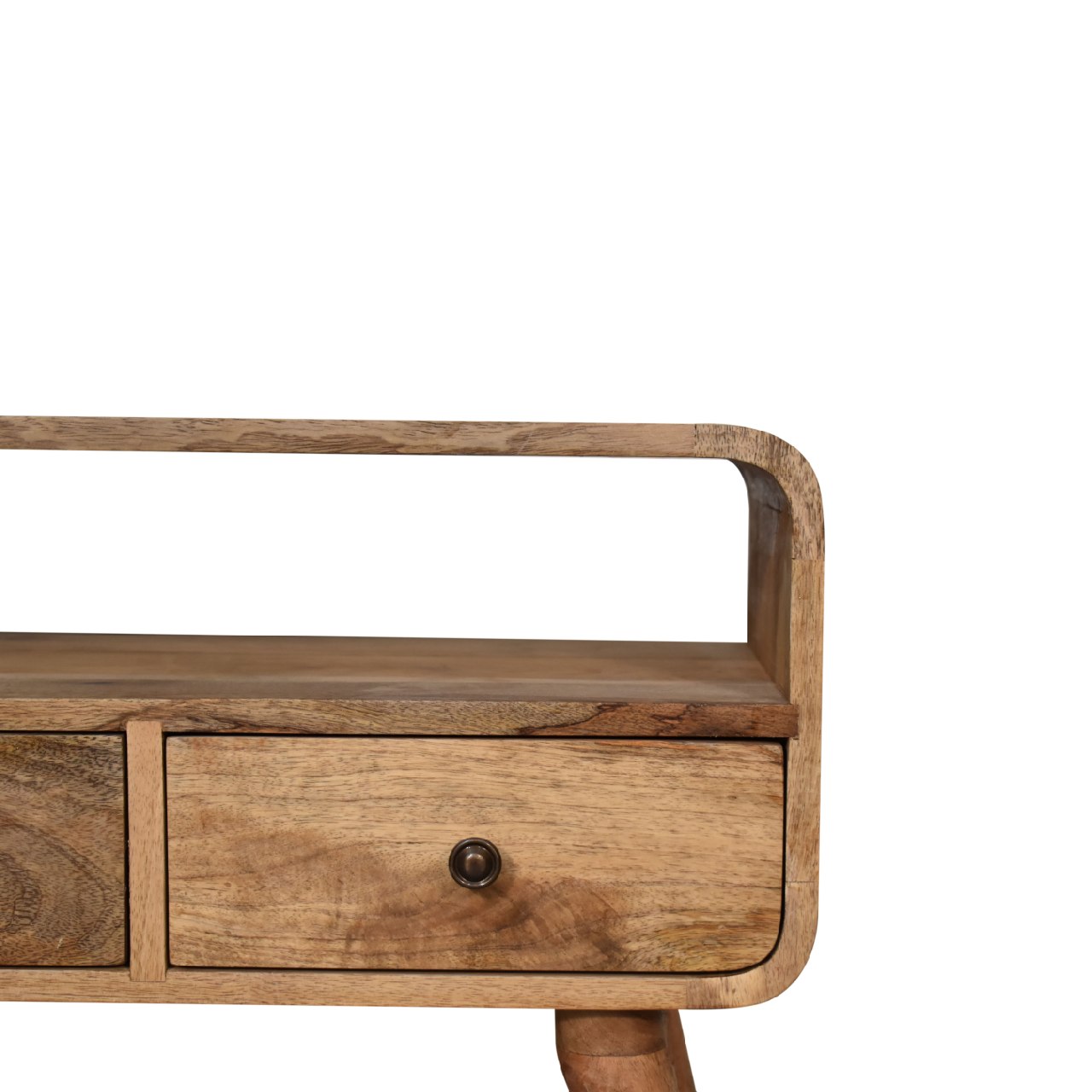 Compact Solid Mango Wood TV Unit – Brown Finish, Dual Drawers and Open Slot
