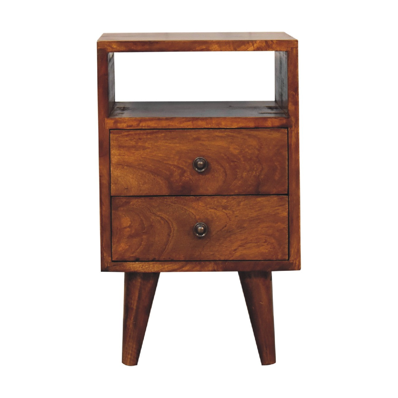 Contemporary Solid Mango Wood Bedside Table – Brown Finish, Brass Knobs