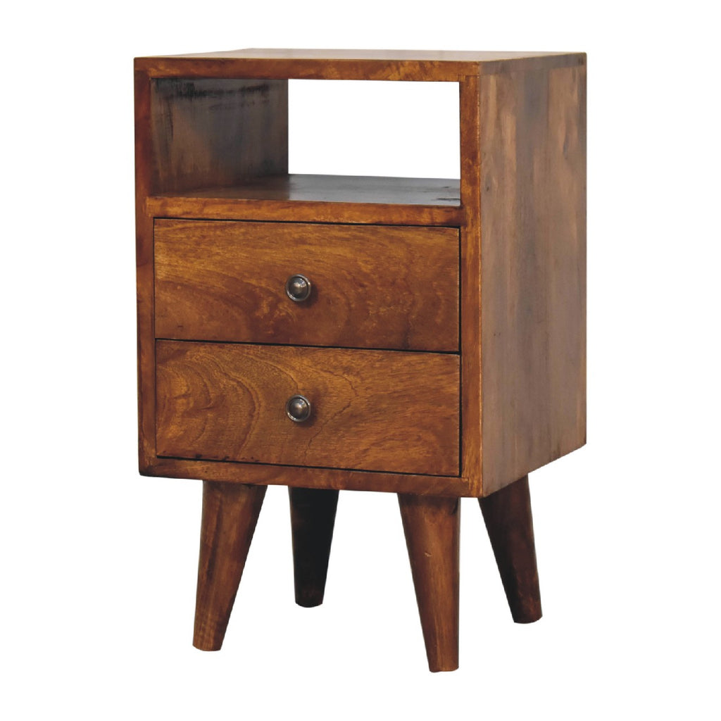 Contemporary Solid Mango Wood Bedside Table – Brown Finish, Brass Knobs