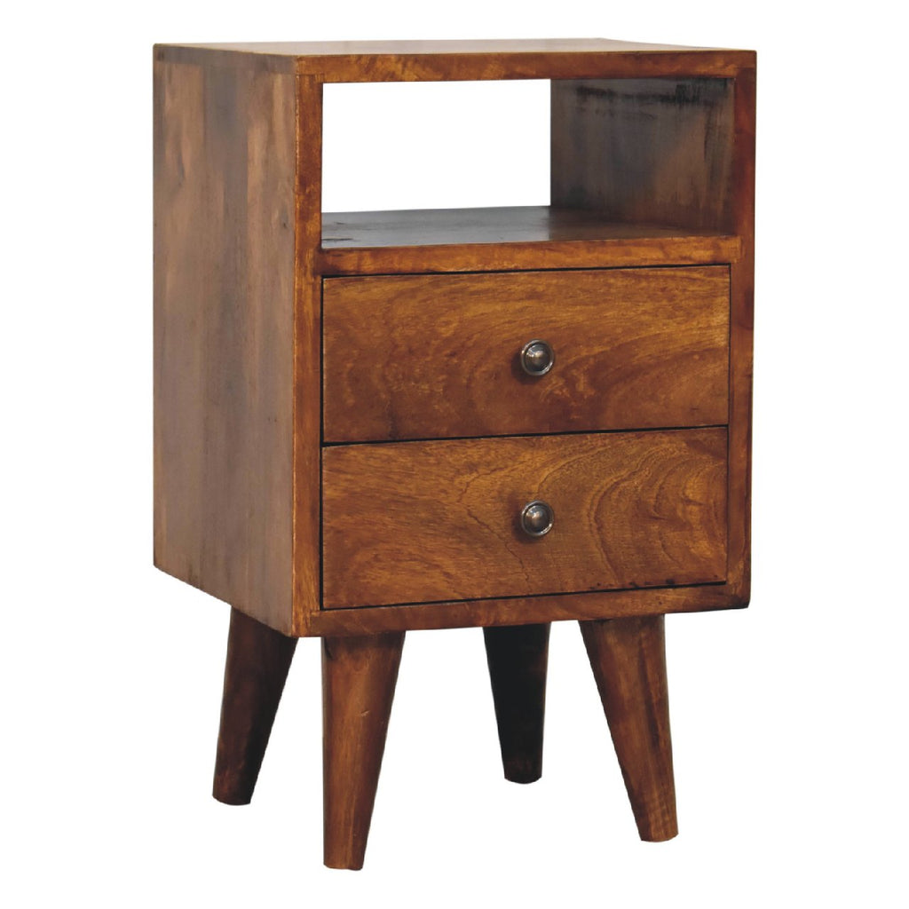 Contemporary Solid Mango Wood Bedside Table – Brown Finish, Brass Knobs