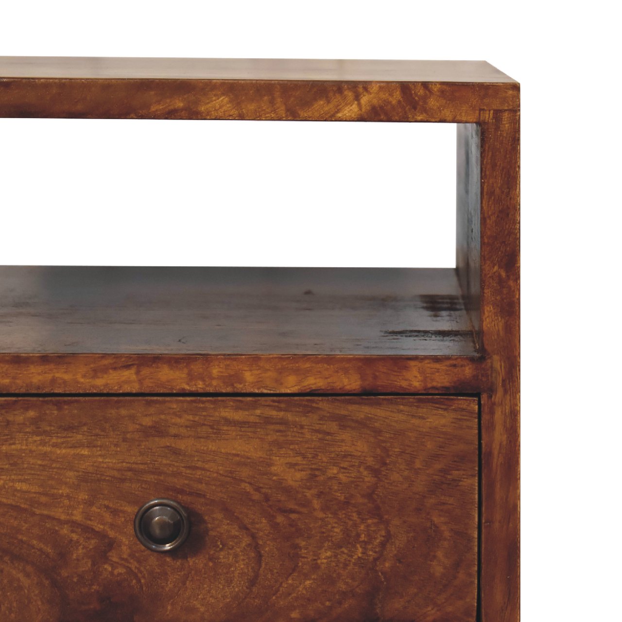 Contemporary Solid Mango Wood Bedside Table – Brown Finish, Brass Knobs