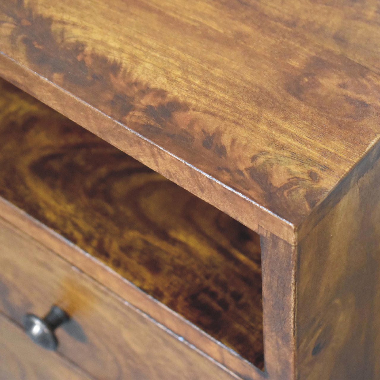 Contemporary Solid Mango Wood Bedside Table – Brown Finish, Brass Knobs