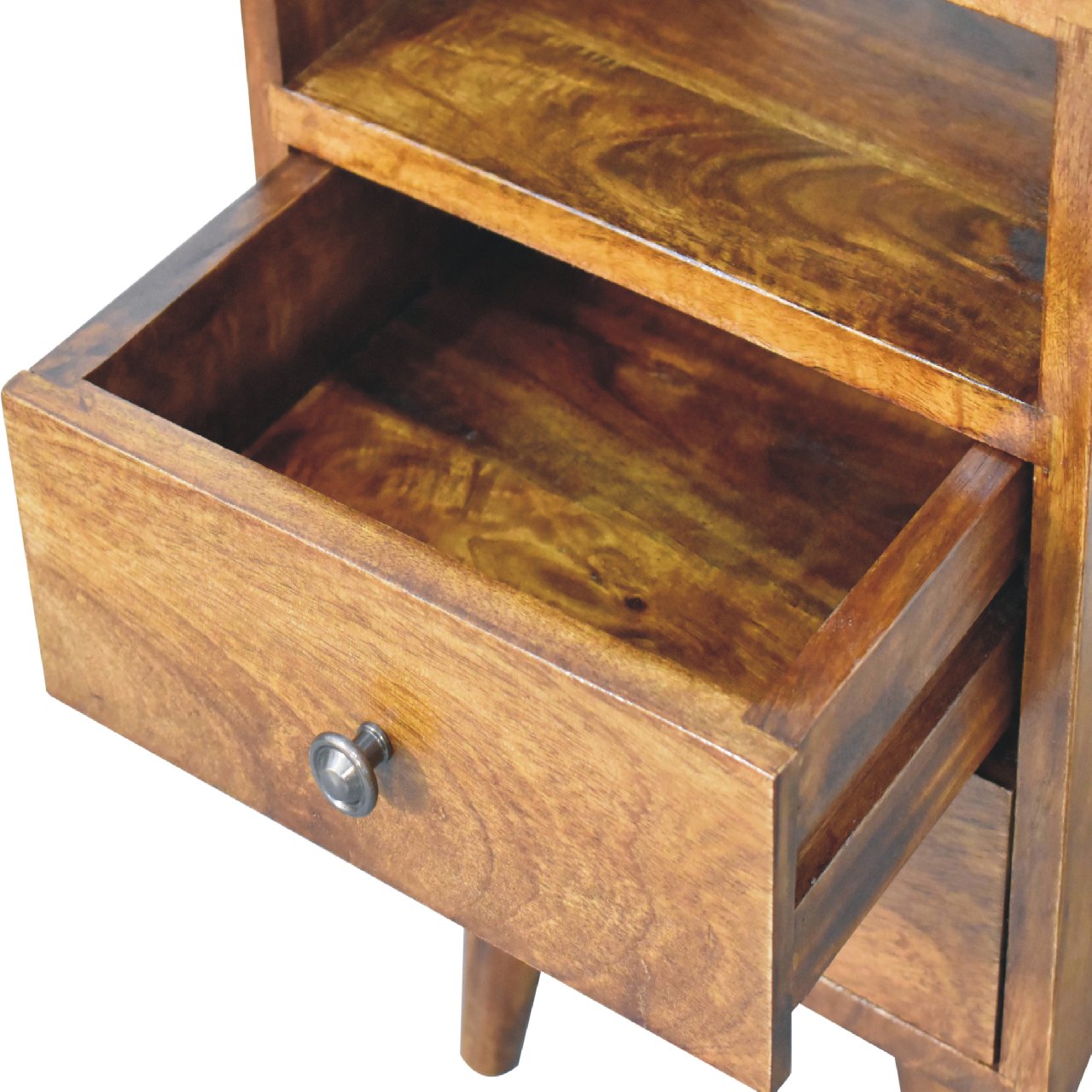 Contemporary Solid Mango Wood Bedside Table – Brown Finish, Brass Knobs
