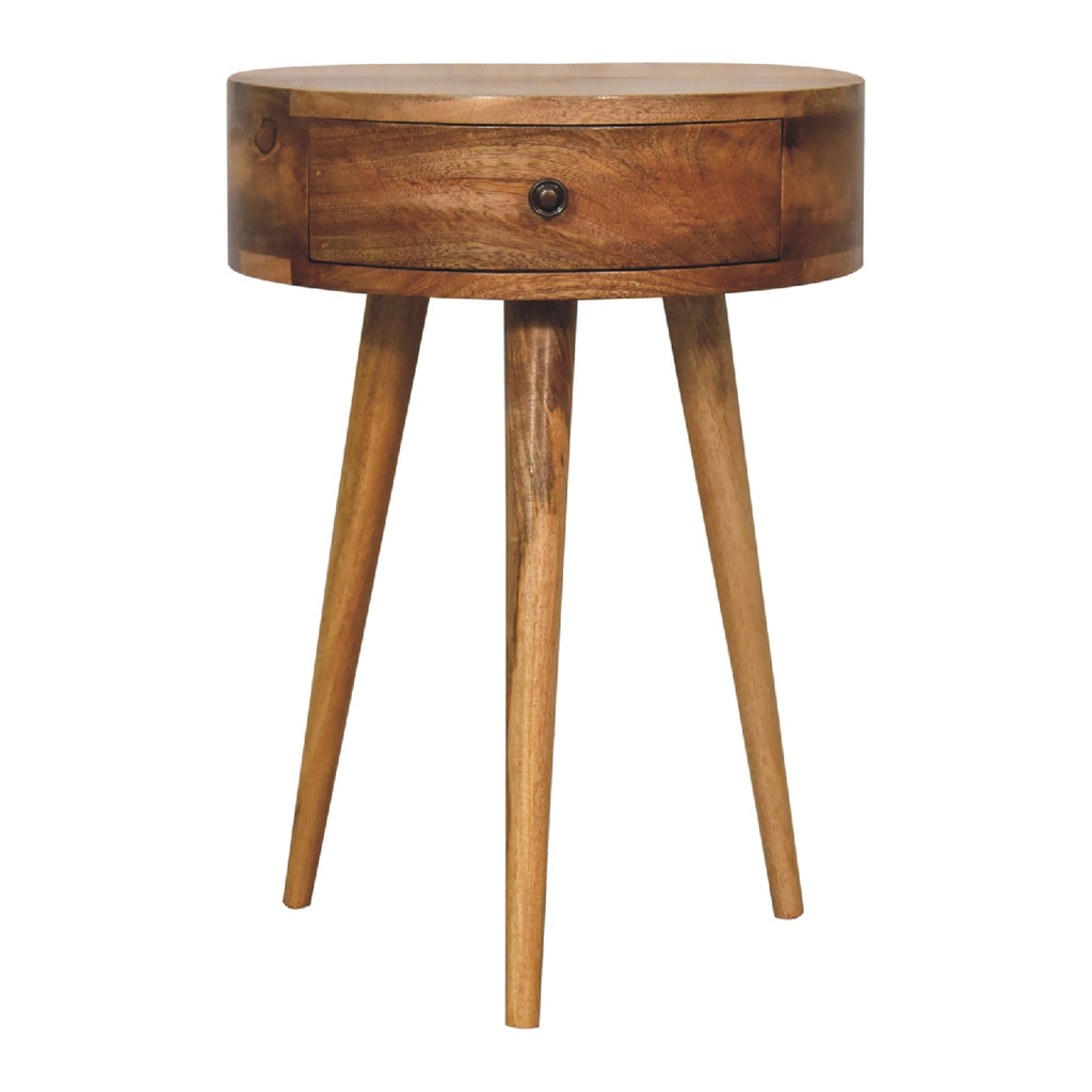 Space-Saving Solid Mango Wood Bedside Table – Light Brown Finish, Circular Design