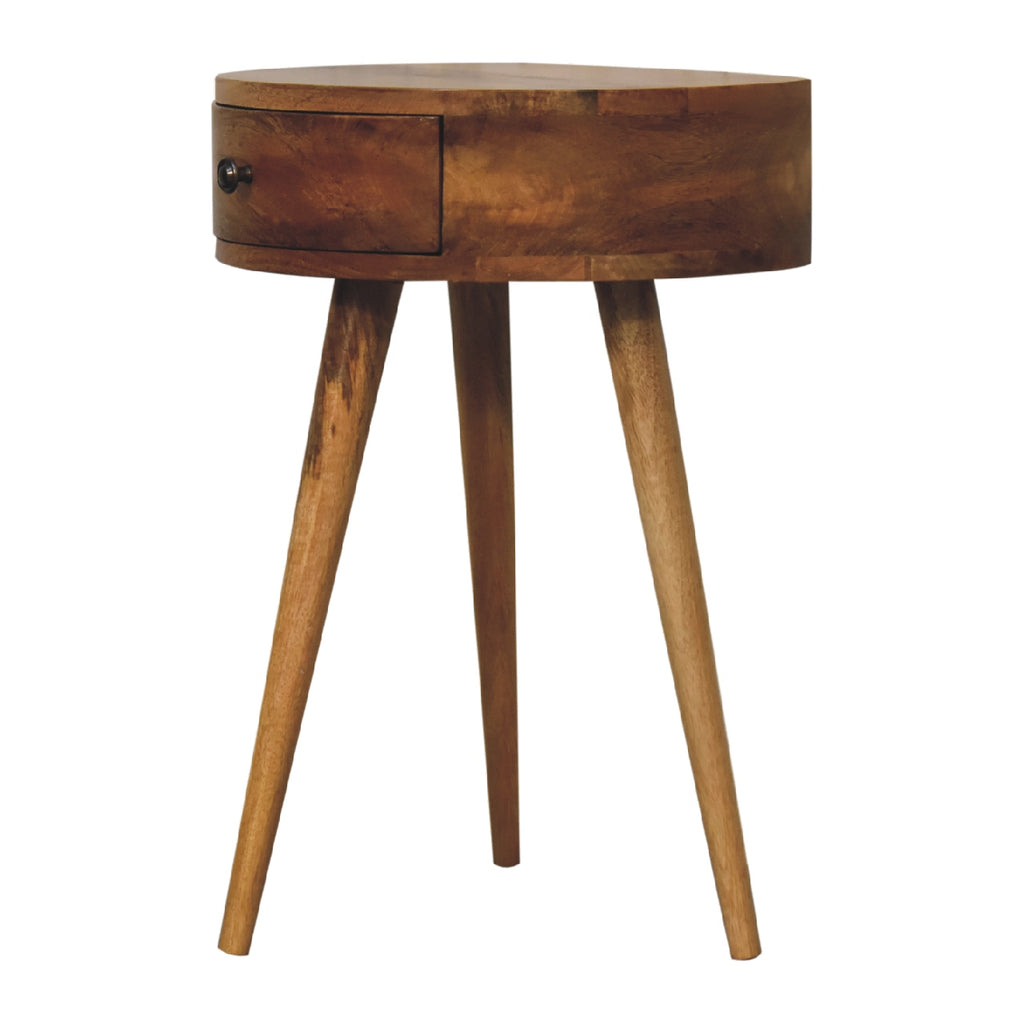 Space-Saving Solid Mango Wood Bedside Table – Light Brown Finish, Circular Design