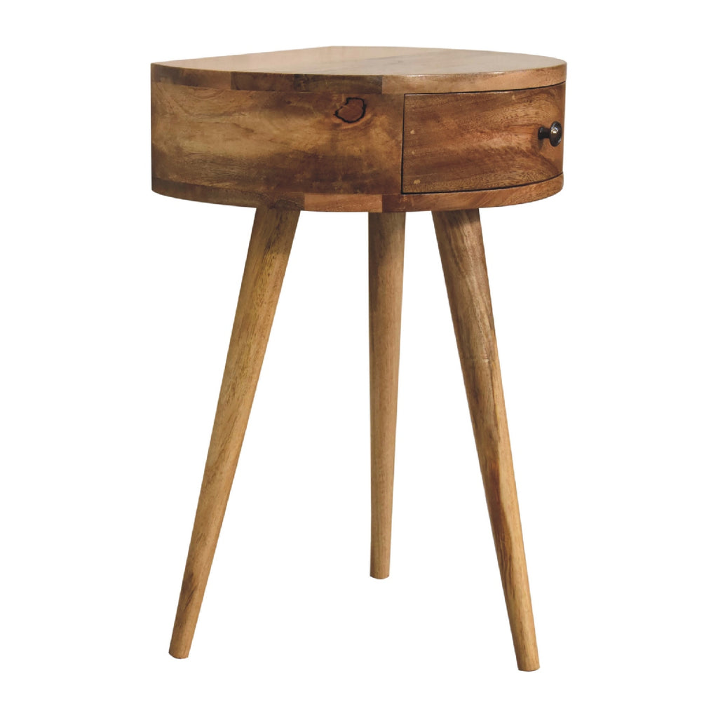 Space-Saving Solid Mango Wood Bedside Table – Light Brown Finish, Circular Design