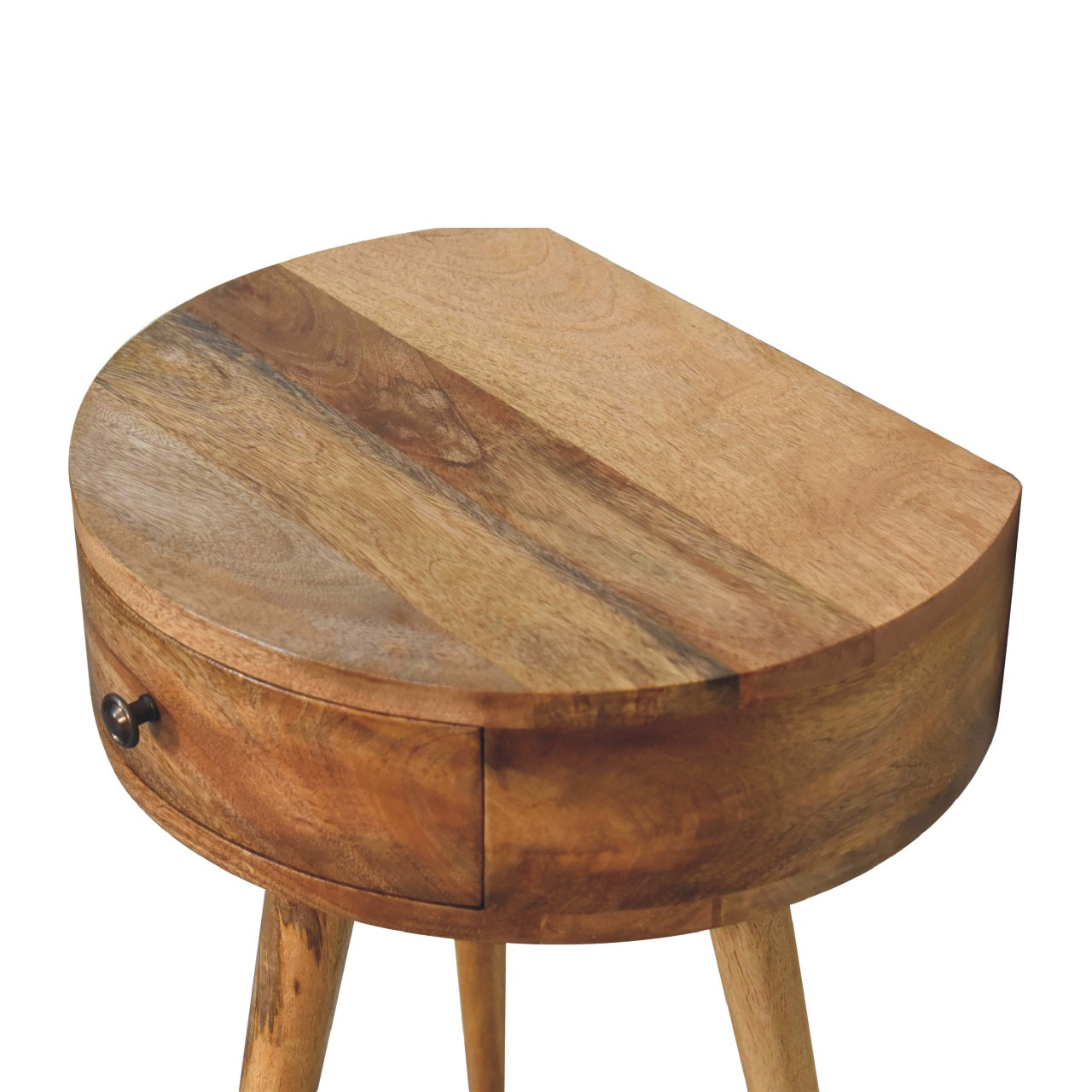 Space-Saving Solid Mango Wood Bedside Table – Light Brown Finish, Circular Design