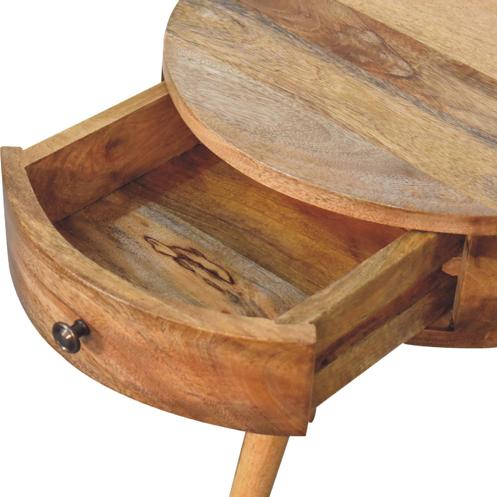 Space-Saving Solid Mango Wood Bedside Table – Light Brown Finish, Circular Design
