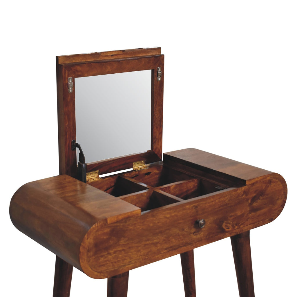 Handcrafted Solid Mango Wood Dressing Table – Chestnut Finish, Jewelry Storage Compartments