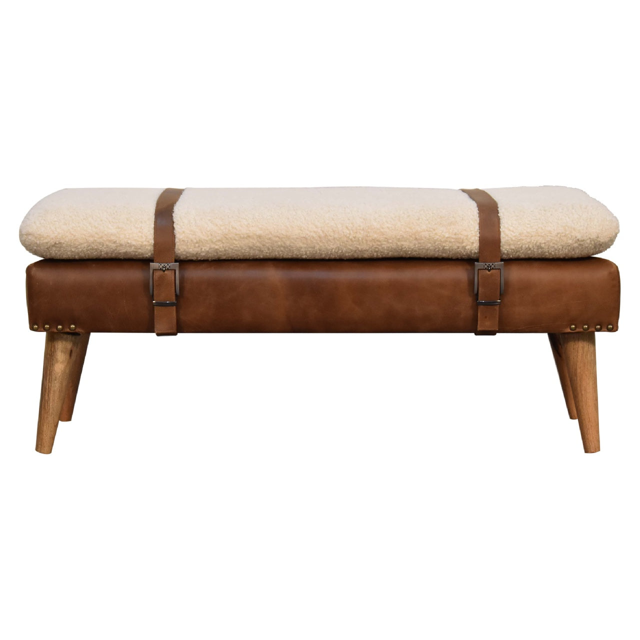 Upholstered Solid Mango Wood Bench – Dark Brown Finish, Handwoven Upholstery