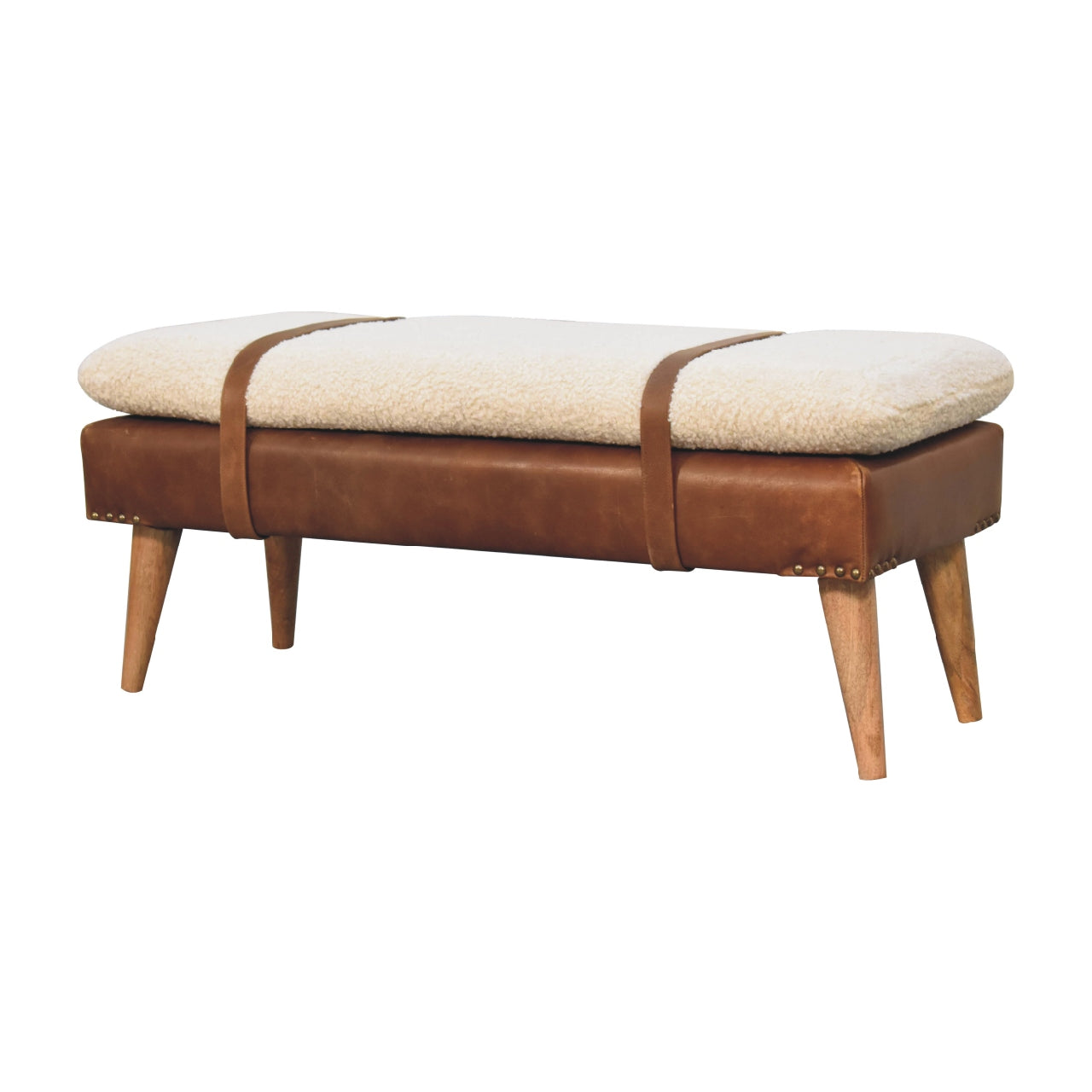 Upholstered Solid Mango Wood Bench – Dark Brown Finish, Handwoven Upholstery