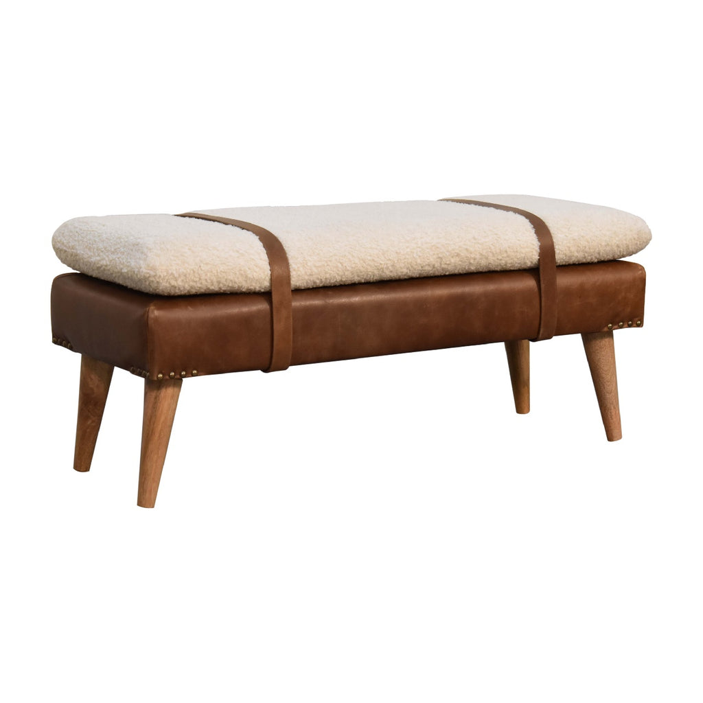 Upholstered Solid Mango Wood Bench – Dark Brown Finish, Handwoven Upholstery