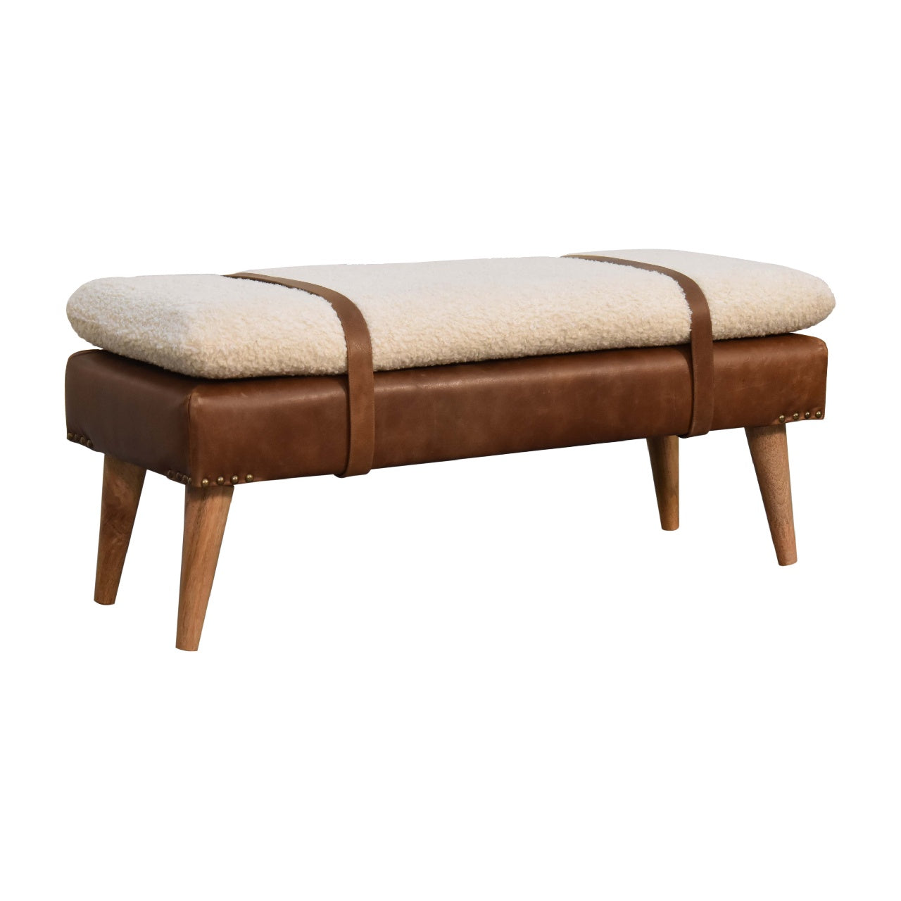 Upholstered Solid Mango Wood Bench – Dark Brown Finish, Handwoven Upholstery