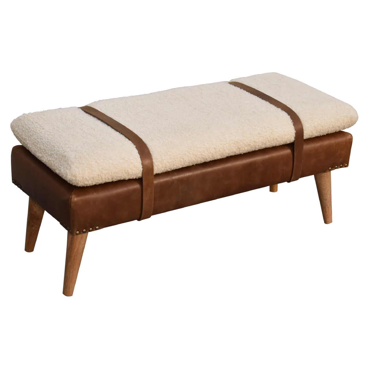 Upholstered Solid Mango Wood Bench – Dark Brown Finish, Handwoven Upholstery