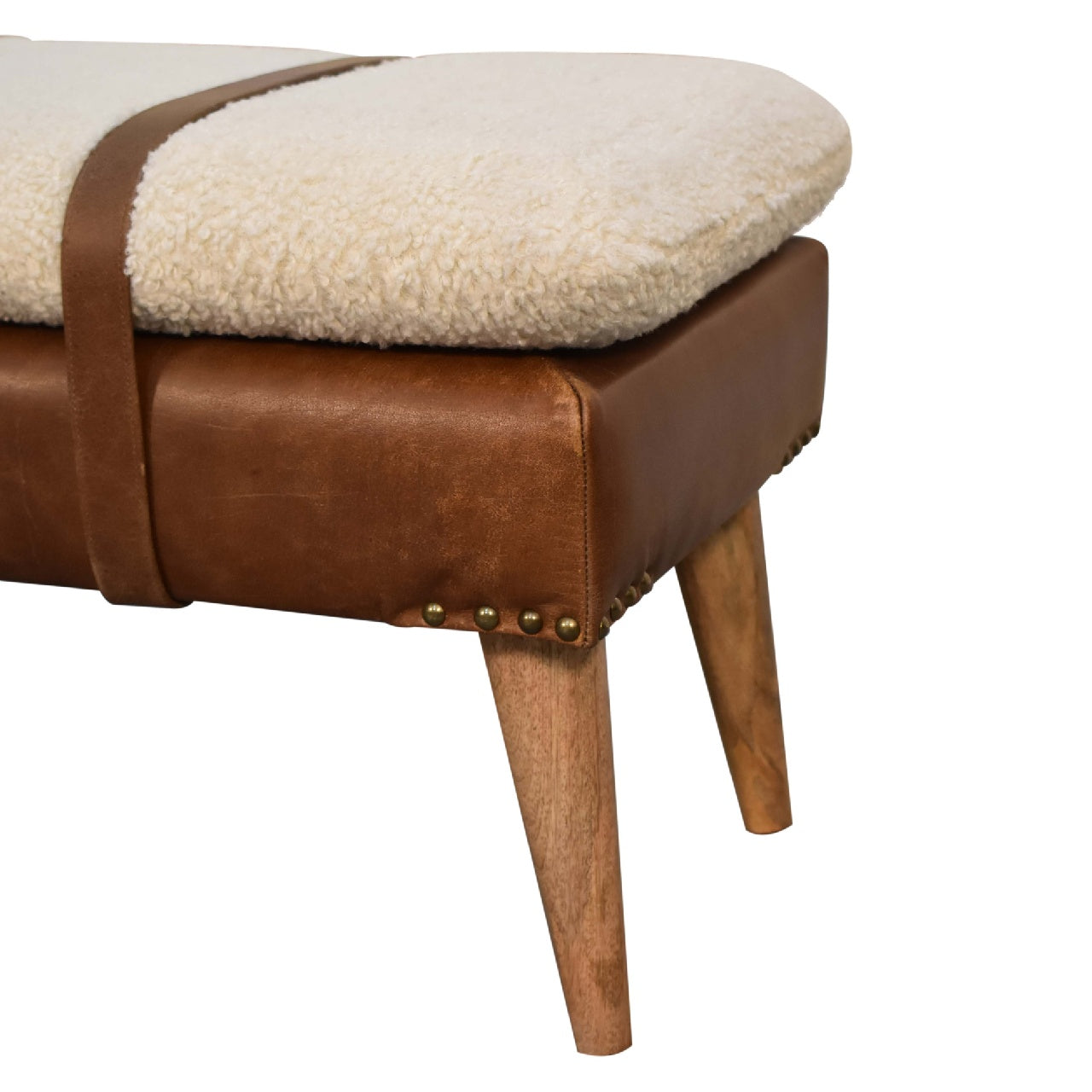 Upholstered Solid Mango Wood Bench – Dark Brown Finish, Handwoven Upholstery