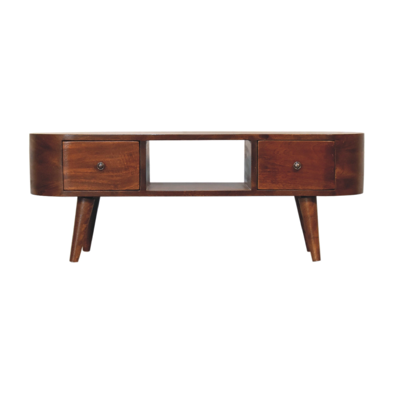 Handcrafted Solid Mango Wood Coffee Table – Chestnut Finish, 2 Drawers and Open Slot