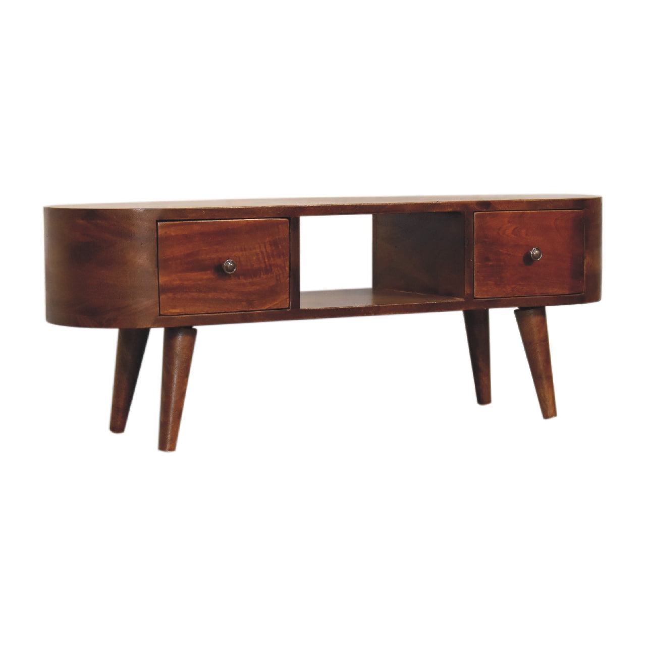 Handcrafted Solid Mango Wood Coffee Table – Chestnut Finish, 2 Drawers and Open Slot