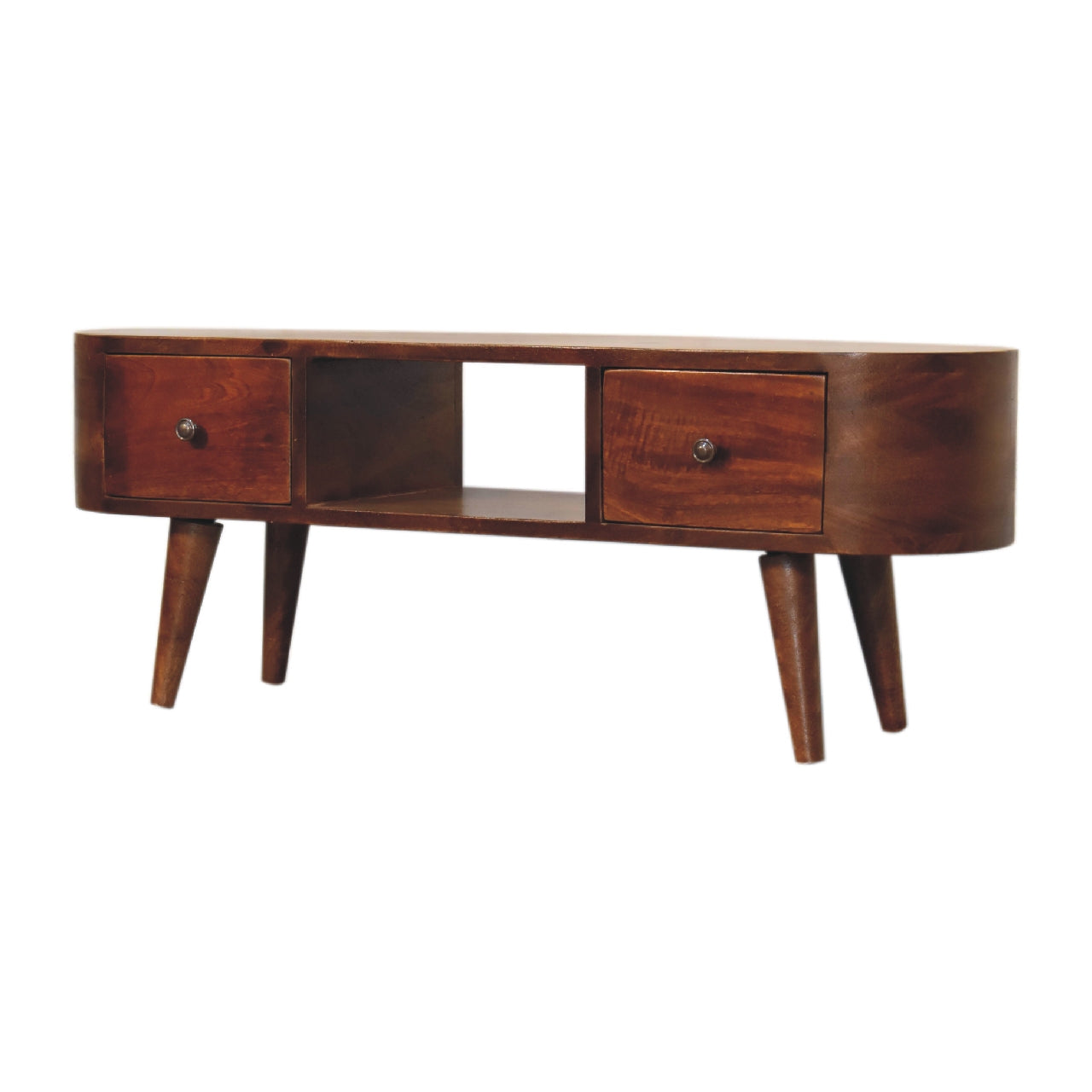 Handcrafted Solid Mango Wood Coffee Table – Chestnut Finish, 2 Drawers and Open Slot