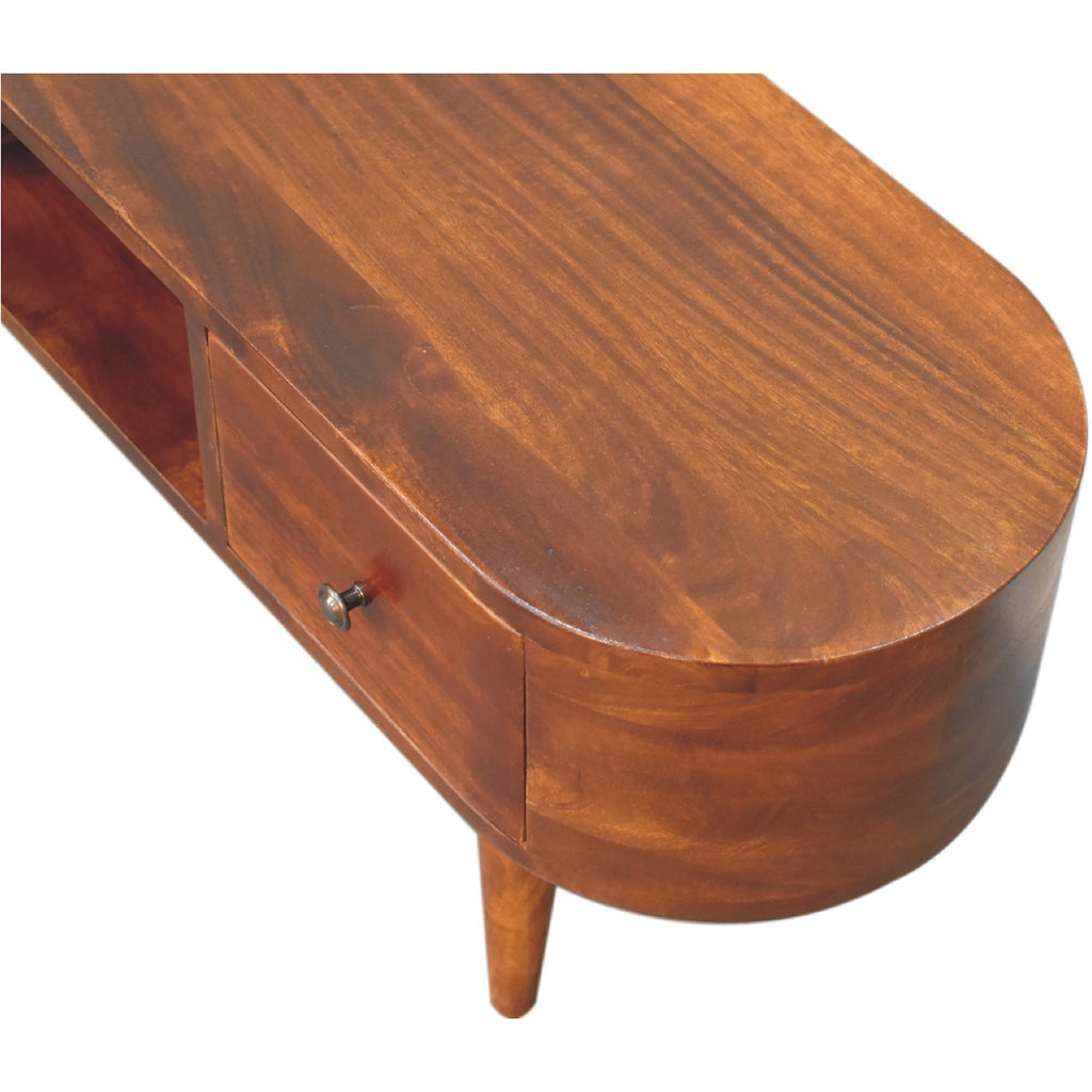 Handcrafted Solid Mango Wood Coffee Table – Chestnut Finish, 2 Drawers and Open Slot