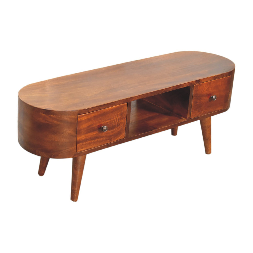 Handcrafted Solid Mango Wood Coffee Table – Chestnut Finish, 2 Drawers and Open Slot