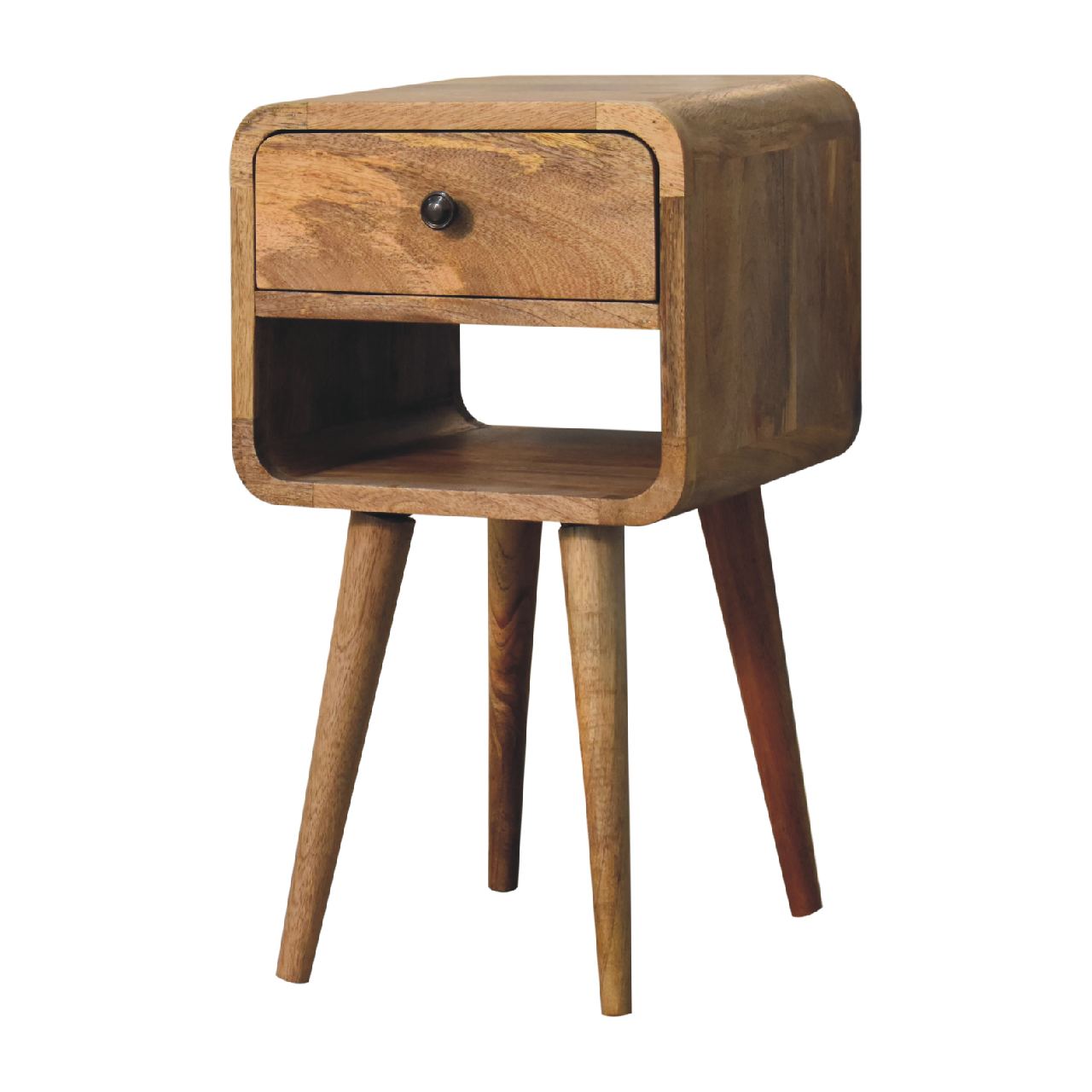 Contemporary Solid Mango Wood Bedside Table – Brown Finish, Curved Edges