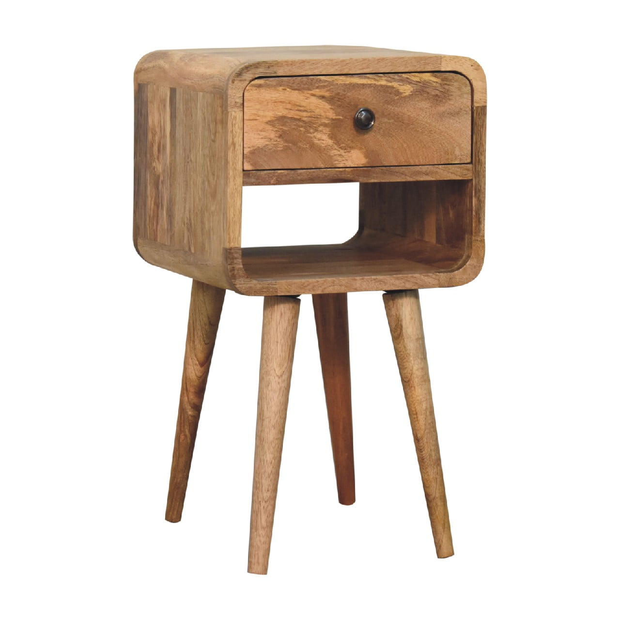 Contemporary Solid Mango Wood Bedside Table – Brown Finish, Curved Edges