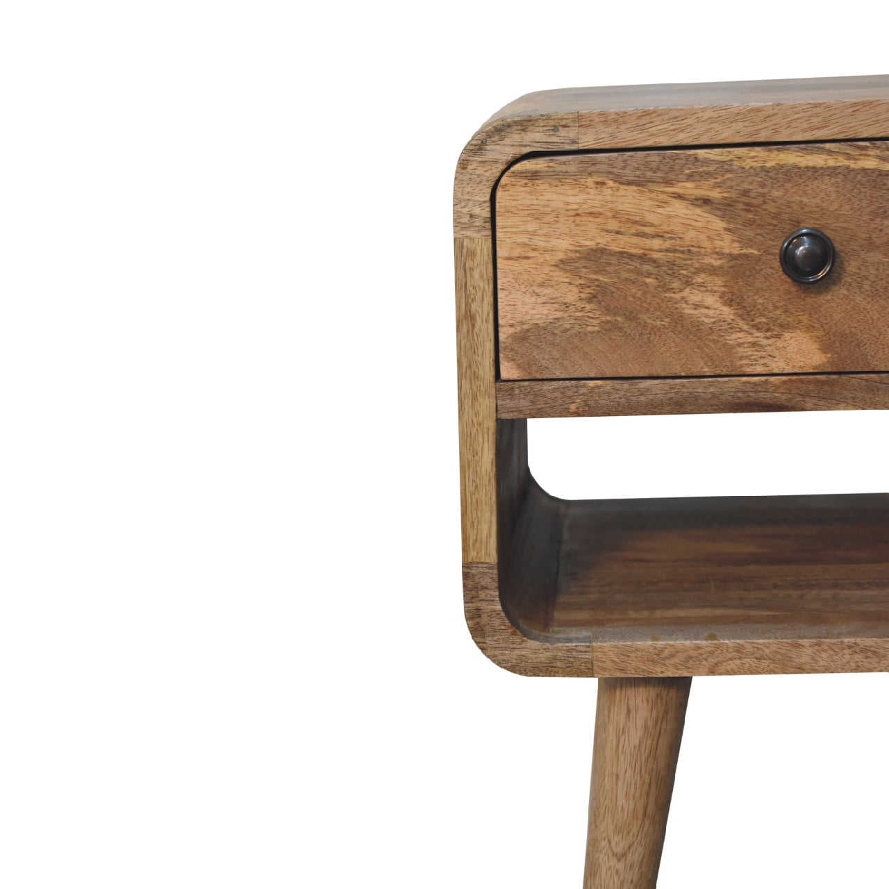 Contemporary Solid Mango Wood Bedside Table – Brown Finish, Curved Edges