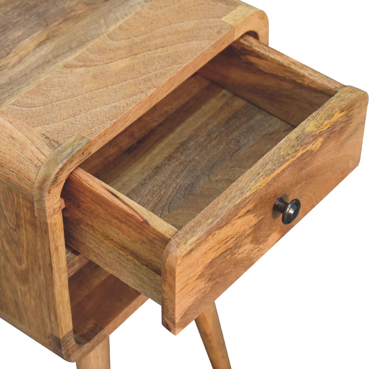 Contemporary Solid Mango Wood Bedside Table – Brown Finish, Curved Edges