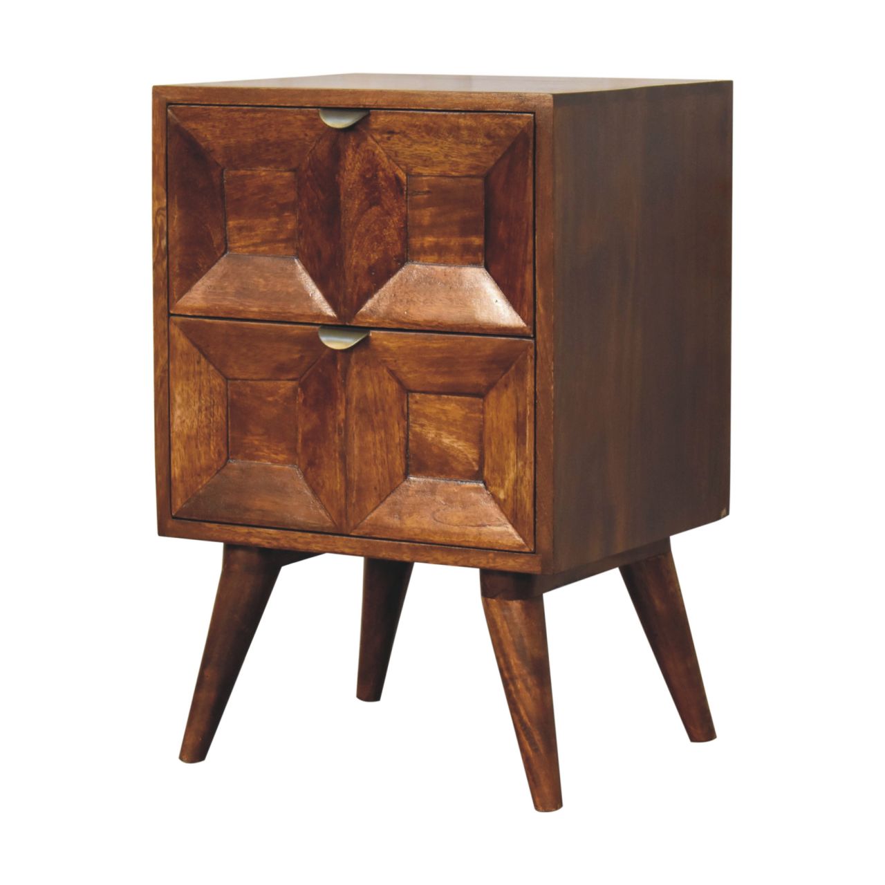 Compact Solid Mango Wood Bedside Table – Chestnut Finish, Pull-out Handles