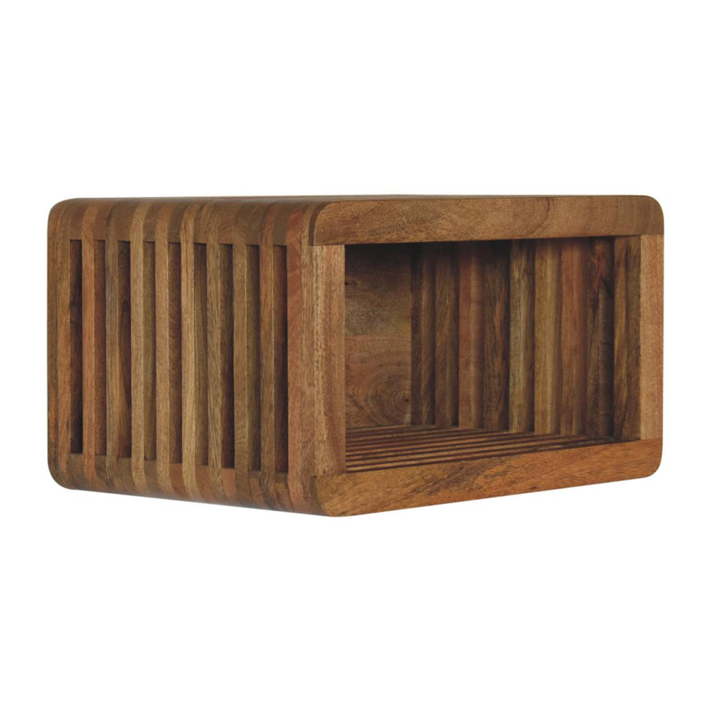 Modern Solid Mango Wood Wall-mounted Nightstand – Brown Finish, Hand-carved Line Design