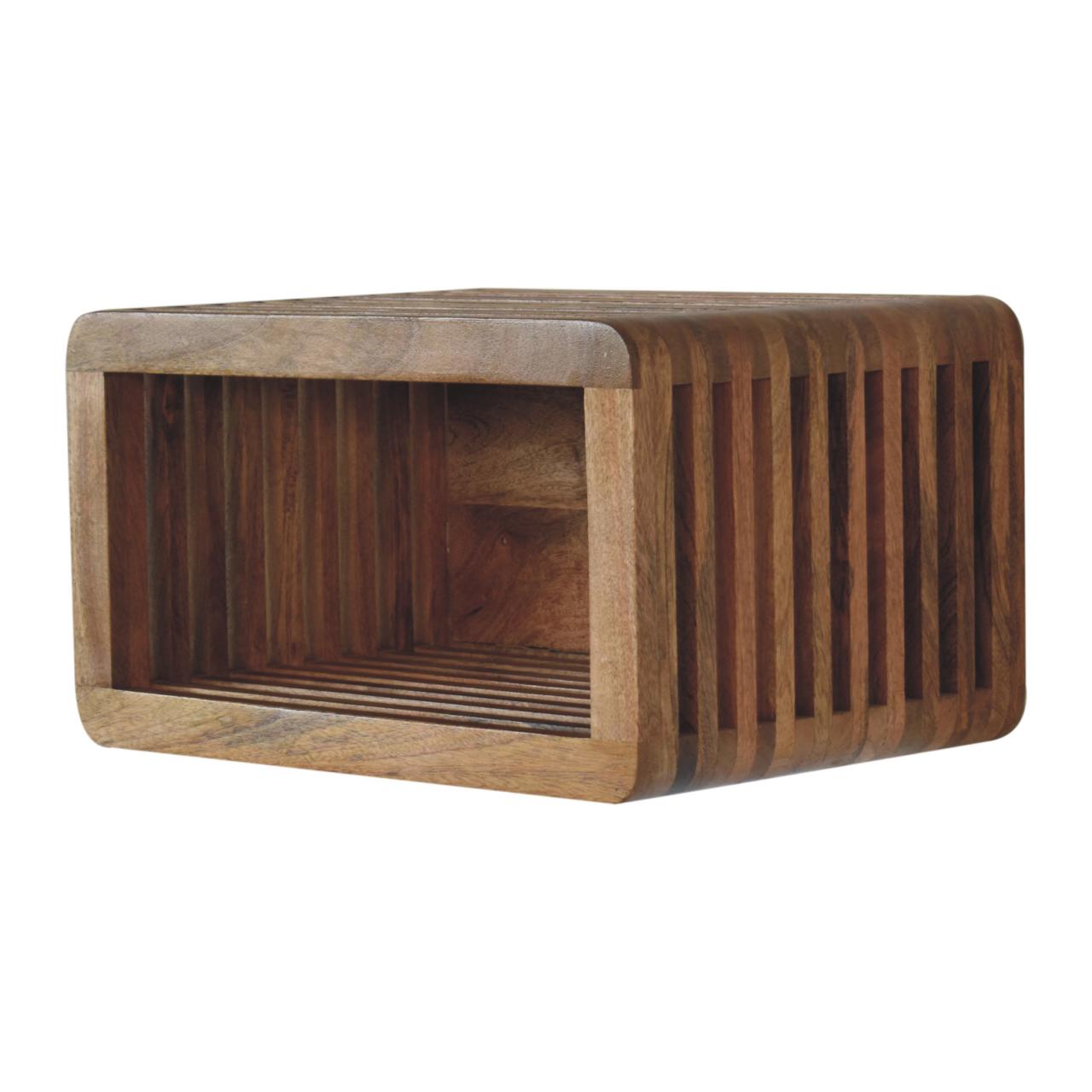 Modern Solid Mango Wood Wall-mounted Nightstand – Brown Finish, Hand-carved Line Design