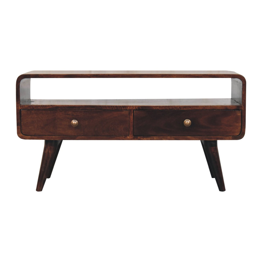 Contemporary Solid Mango Wood TV Unit – California Walnut Finish, 2 Drawers and Open Slot