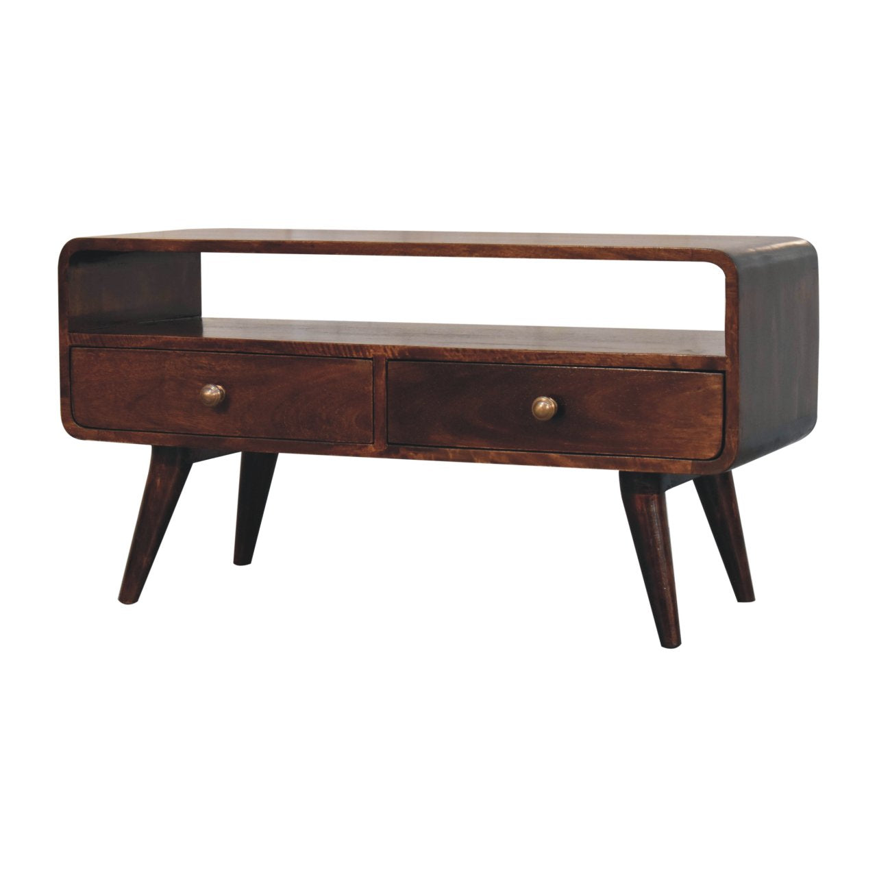 Contemporary Solid Mango Wood TV Unit – California Walnut Finish, 2 Drawers and Open Slot