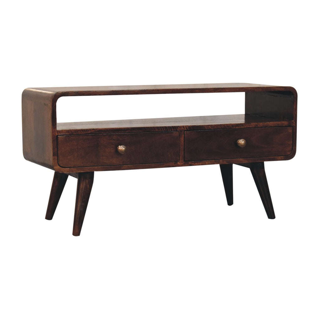 Contemporary Solid Mango Wood TV Unit – California Walnut Finish, 2 Drawers and Open Slot