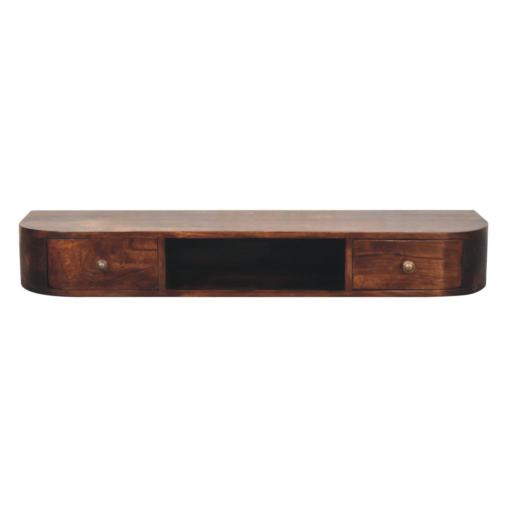 Space-Saving Solid Mango Wood Wall-mounted Nightstand – Chestnut Finish, Open Shelf and Dual Drawers