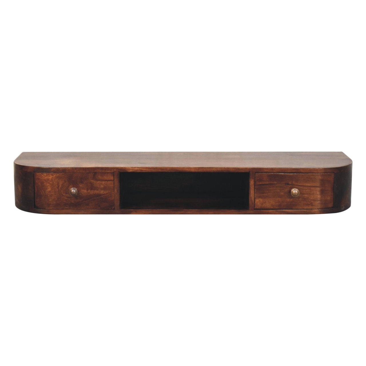 Space-Saving Solid Mango Wood Wall-mounted Nightstand – Chestnut Finish, Open Shelf and Dual Drawers