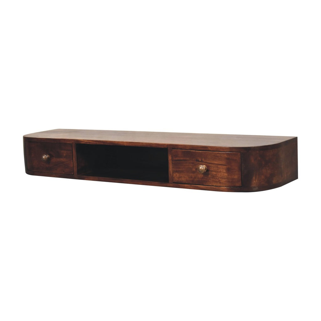 Space-Saving Solid Mango Wood Wall-mounted Nightstand – Chestnut Finish, Open Shelf and Dual Drawers