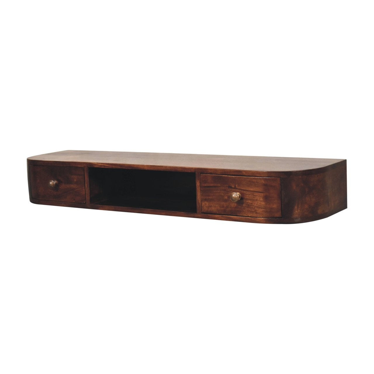 Space-Saving Solid Mango Wood Wall-mounted Nightstand – Chestnut Finish, Open Shelf and Dual Drawers
