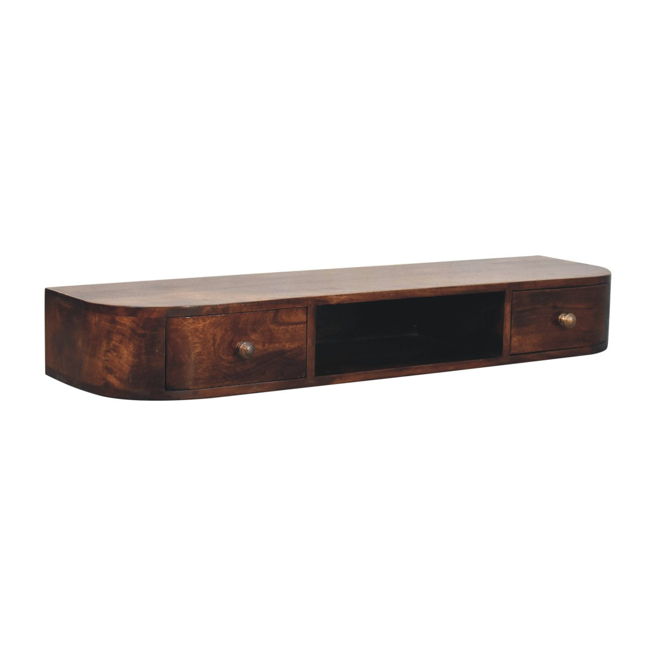 Space-Saving Solid Mango Wood Wall-mounted Nightstand – Chestnut Finish, Open Shelf and Dual Drawers