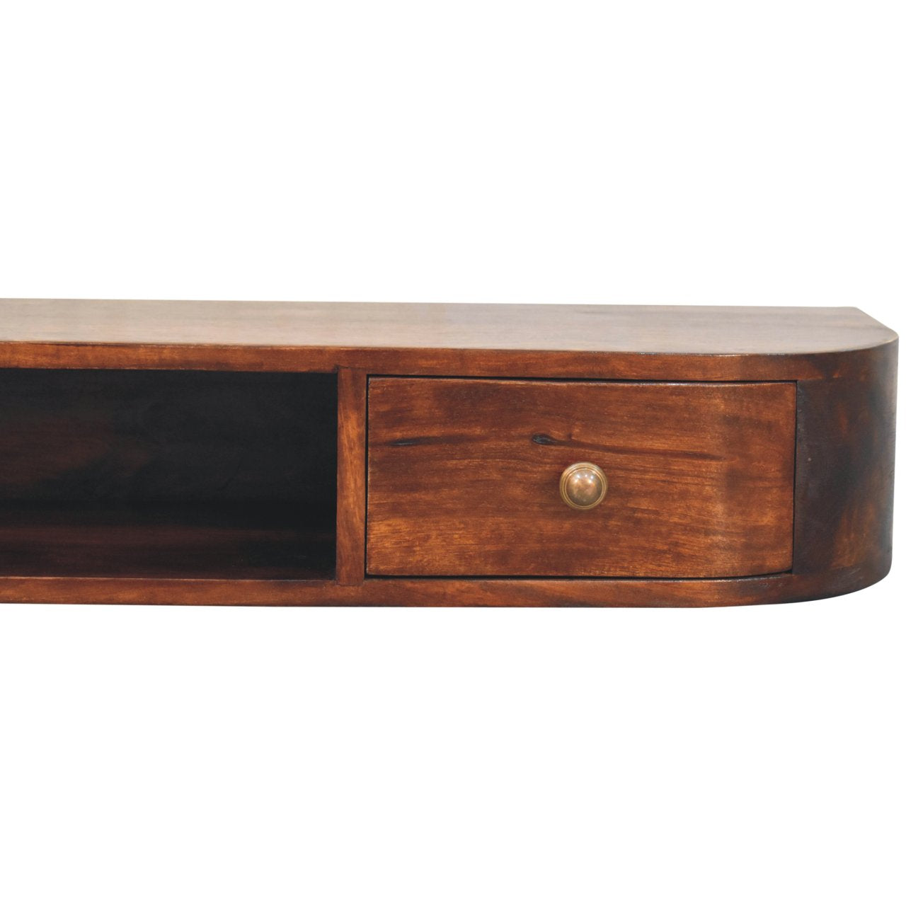 Space-Saving Solid Mango Wood Wall-mounted Nightstand – Chestnut Finish, Open Shelf and Dual Drawers