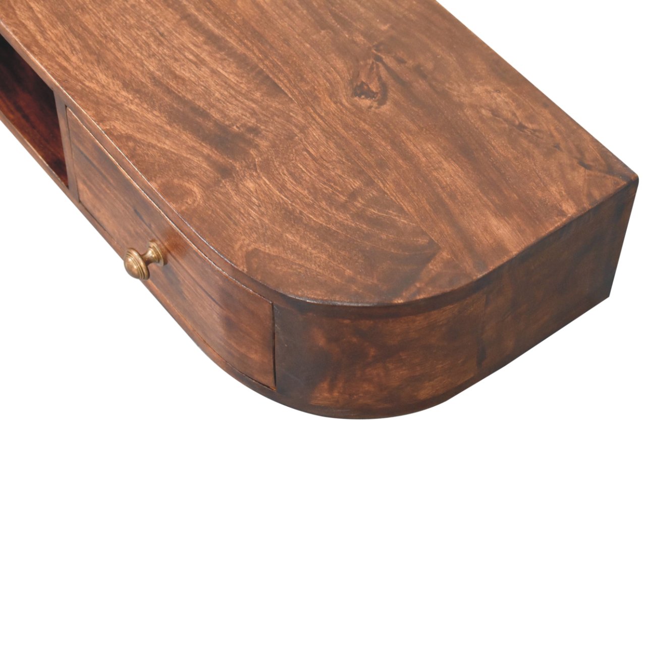 Space-Saving Solid Mango Wood Wall-mounted Nightstand – Chestnut Finish, Open Shelf and Dual Drawers