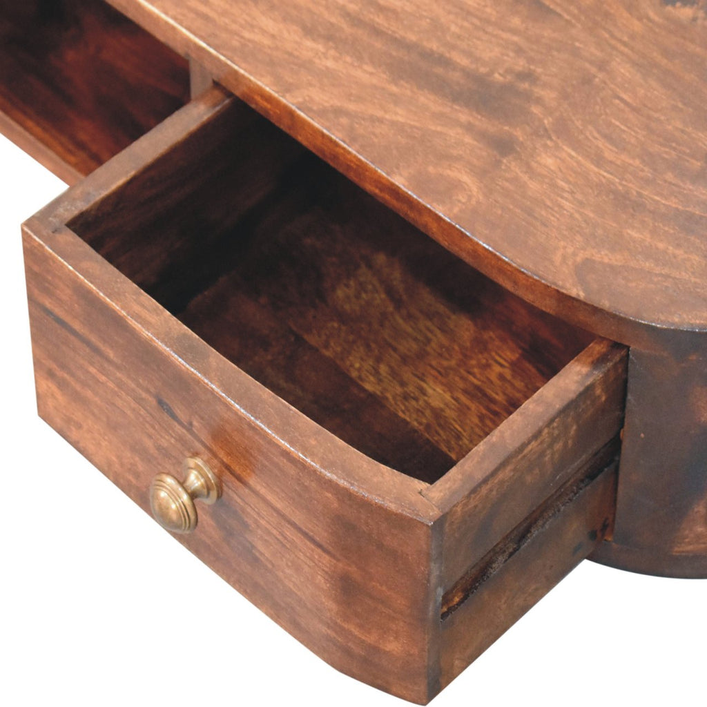 Space-Saving Solid Mango Wood Wall-mounted Nightstand – Chestnut Finish, Open Shelf and Dual Drawers