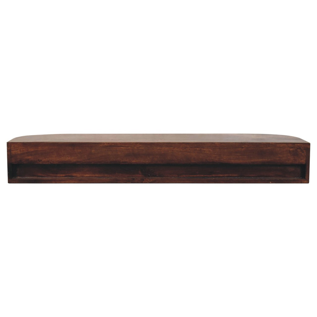 Space-Saving Solid Mango Wood Wall-mounted Nightstand – Chestnut Finish, Open Shelf and Dual Drawers