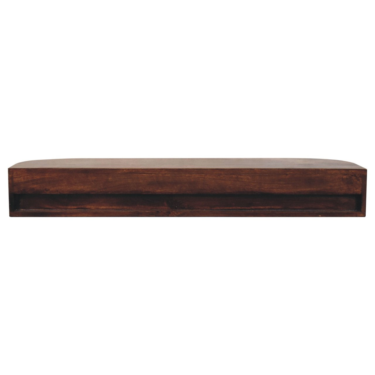Space-Saving Solid Mango Wood Wall-mounted Nightstand – Chestnut Finish, Open Shelf and Dual Drawers