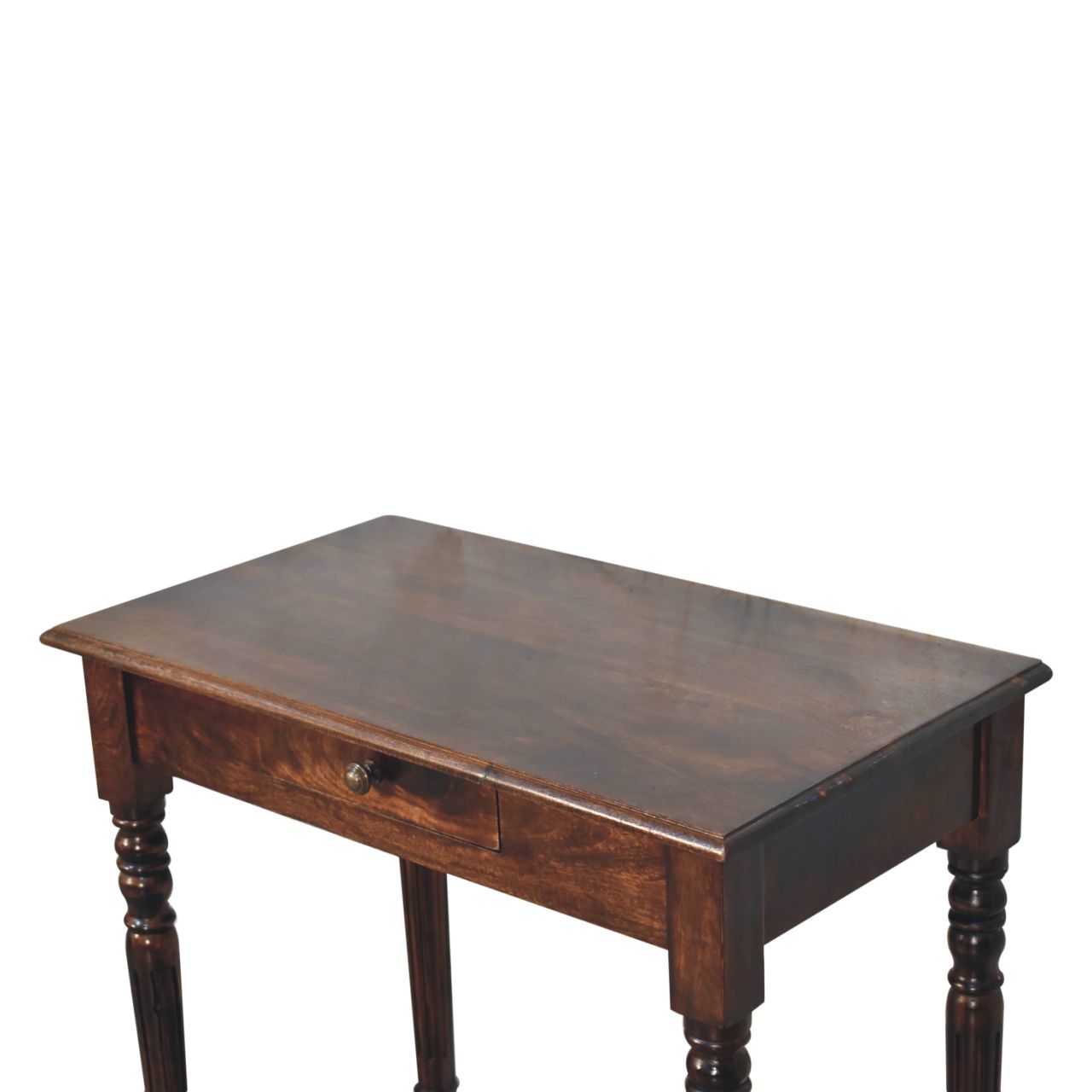 Handcrafted Solid Mango Wood Writing Desk – Brown Finish, Flute Legs