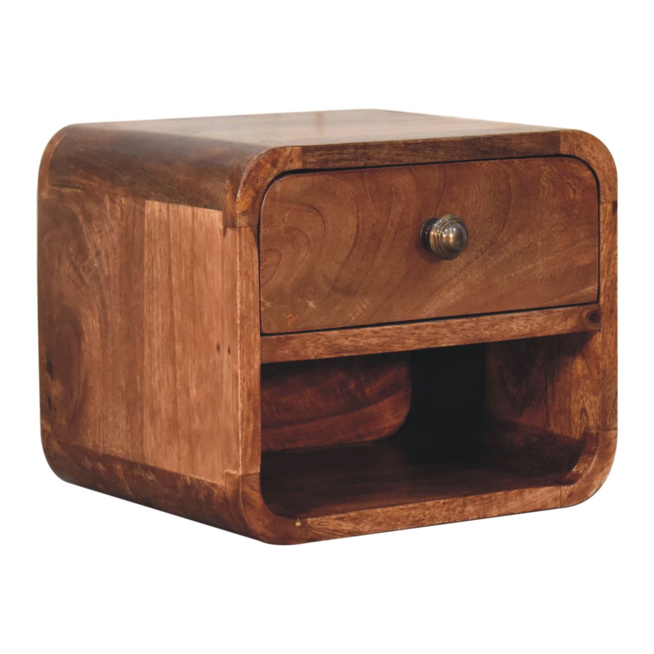 Space-Saving Solid Mango Wood Wall-mounted Nightstand – Honey Caramel Finish, 1 Drawer and Open Slot