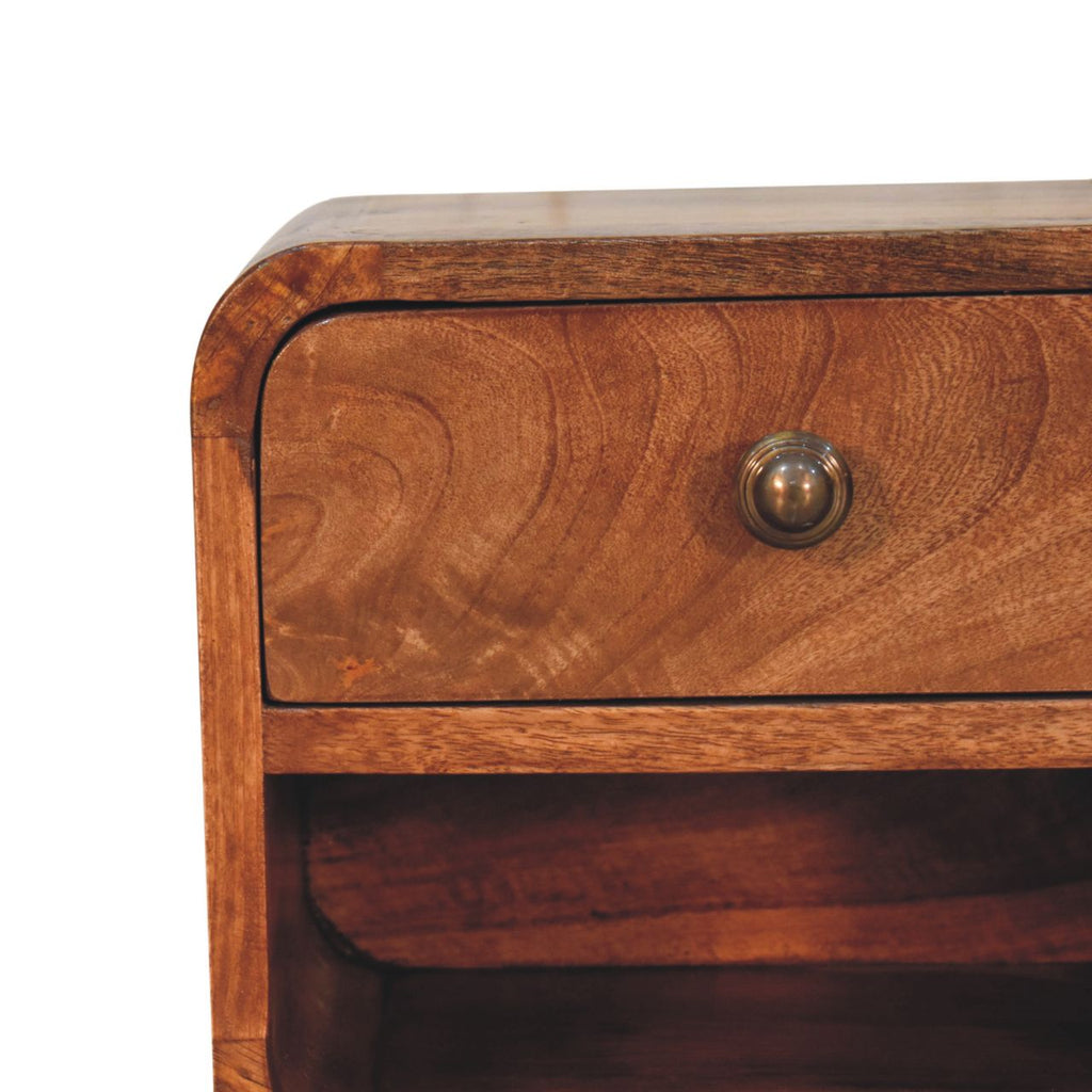 Space-Saving Solid Mango Wood Wall-mounted Nightstand – Honey Caramel Finish, 1 Drawer and Open Slot