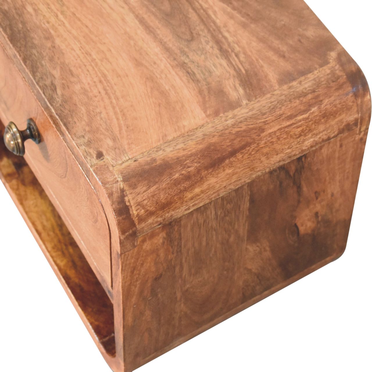 Space-Saving Solid Mango Wood Wall-mounted Nightstand – Honey Caramel Finish, 1 Drawer and Open Slot